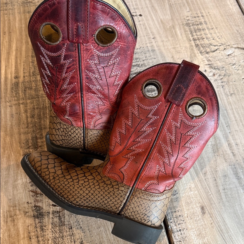 Kids Two-Tone Brown and Red Pull-On Western Boots - Picture 8 of 16